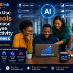 How to Use AI Tools to Increase Employee Productivity in Business 1 A team of professionals collaborating around a laptop while using AI-powered tools such as ChatGPT, Microsoft Copilot, Notion AI, Microsoft Teams, and Make to improve productivity, automate tasks, save time, and enhance business performance.